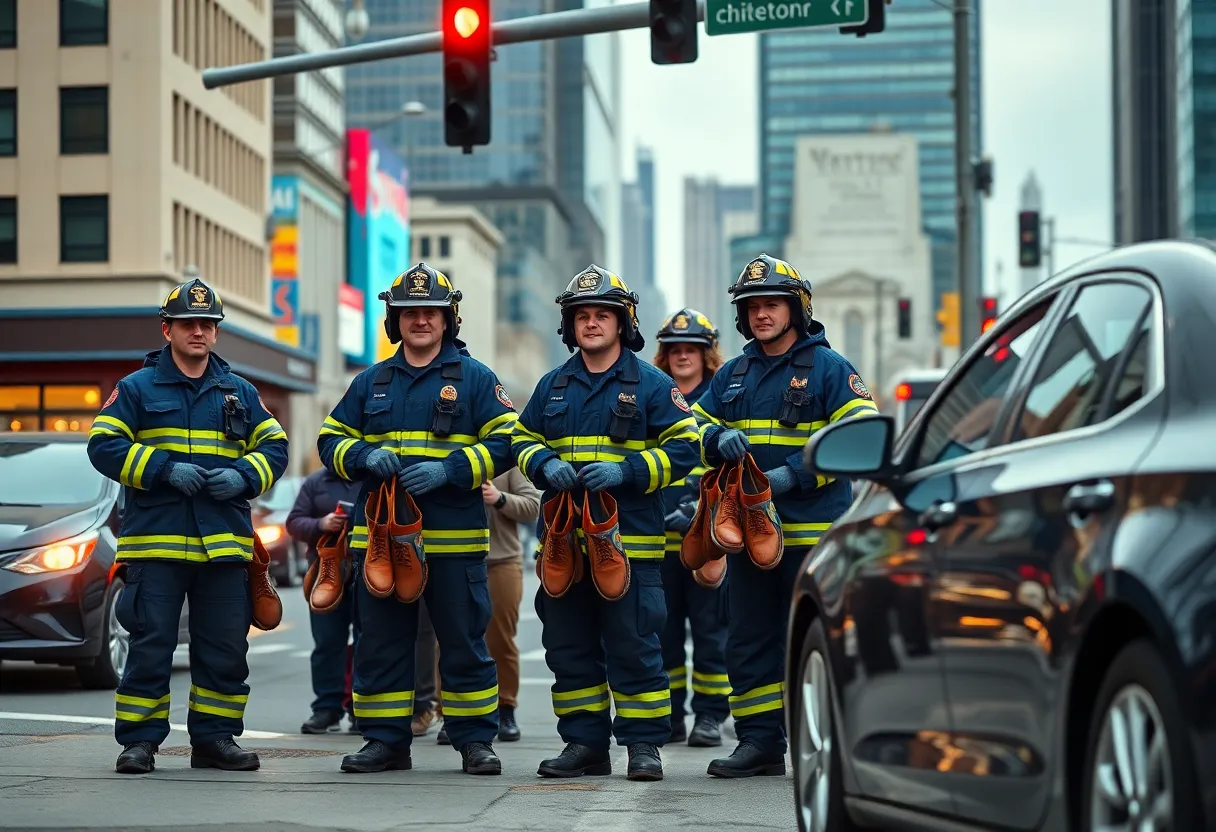 Firefighters at a busy intersection during the Fill the Boot drive in Louisville.