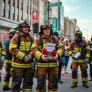 Firefighters collecting donations for muscular dystrophy support at an intersection