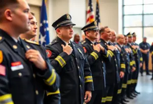 Firefighters celebrating their promotions at a ceremony.