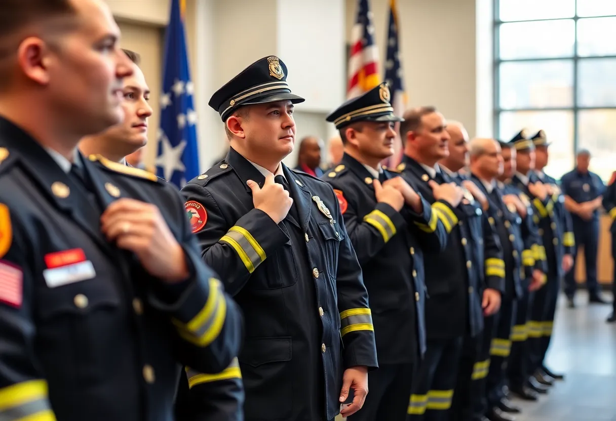 Firefighters celebrating their promotions at a ceremony.