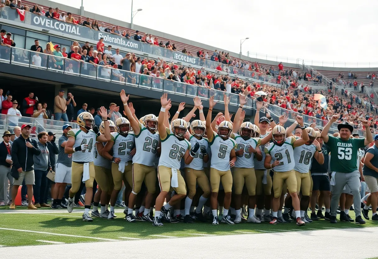 University of Louisville football players celebrating a touchdown with fans in the background.