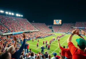 Crowd at Louisville Cardinals football game celebrating a victory