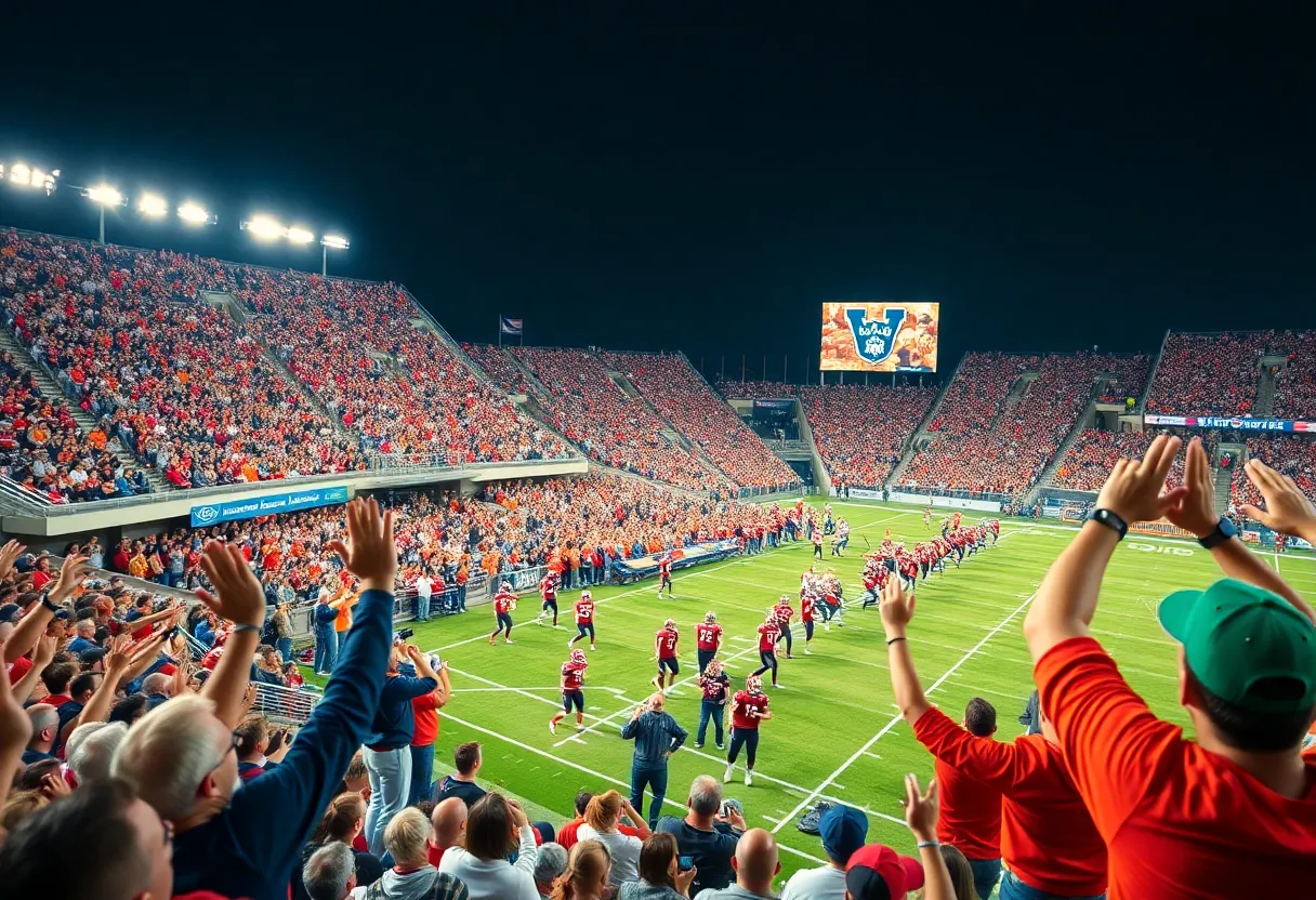 Crowd at Louisville Cardinals football game celebrating a victory