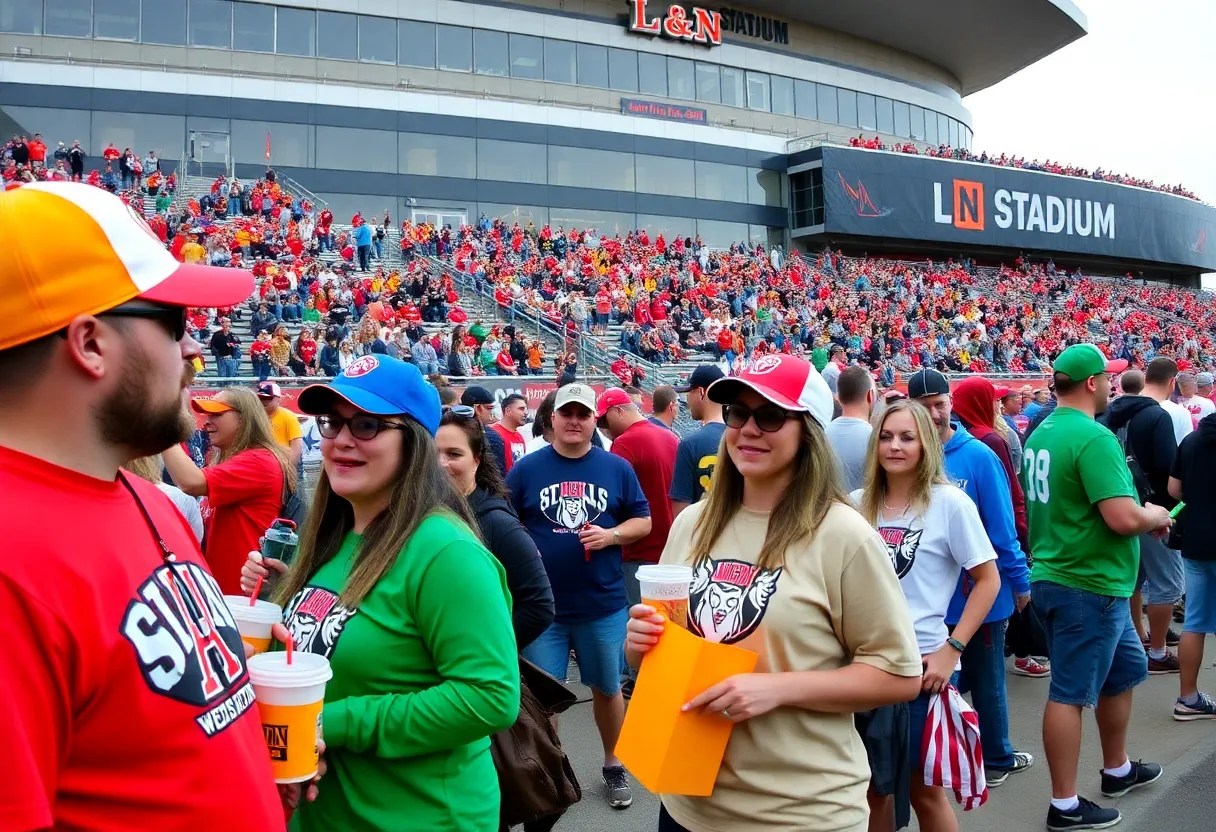 Fans tailgating at L&N Stadium before a Louisville football game