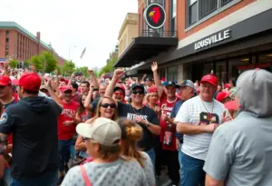 Fans celebrating at a Louisville football game with local businesses in the background