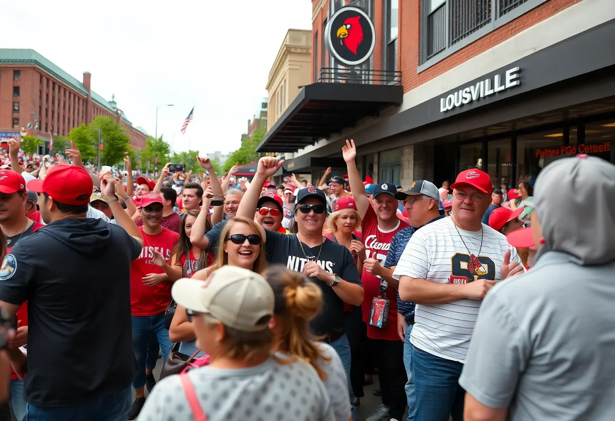Fans celebrating at a Louisville football game with local businesses in the background