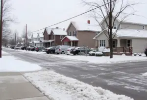 Residents in Louisville preparing for freeze warning conditions with snow-covered homes and winter plants.
