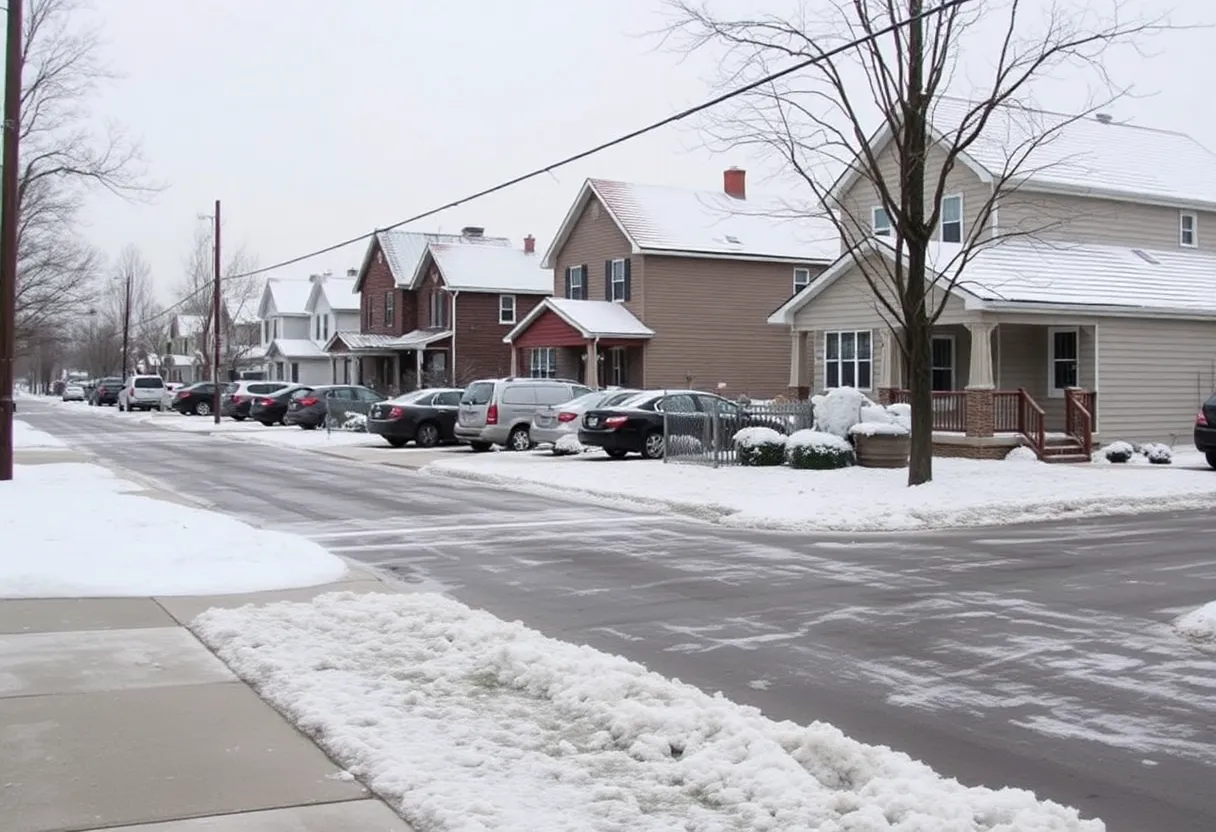 Residents in Louisville preparing for freeze warning conditions with snow-covered homes and winter plants.