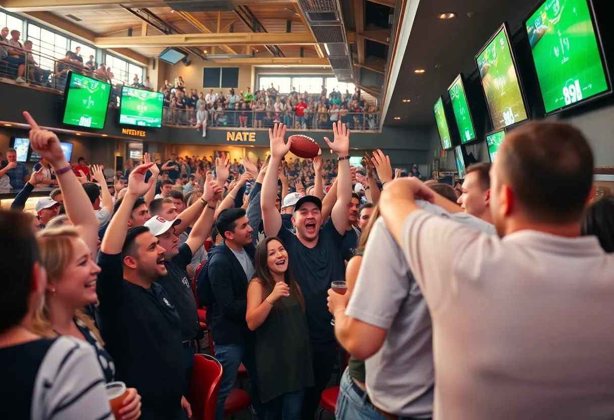 Fans celebrating at a sports bar during game day in Louisville