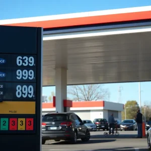 Gas station sign in Louisville showing gas prices dropping