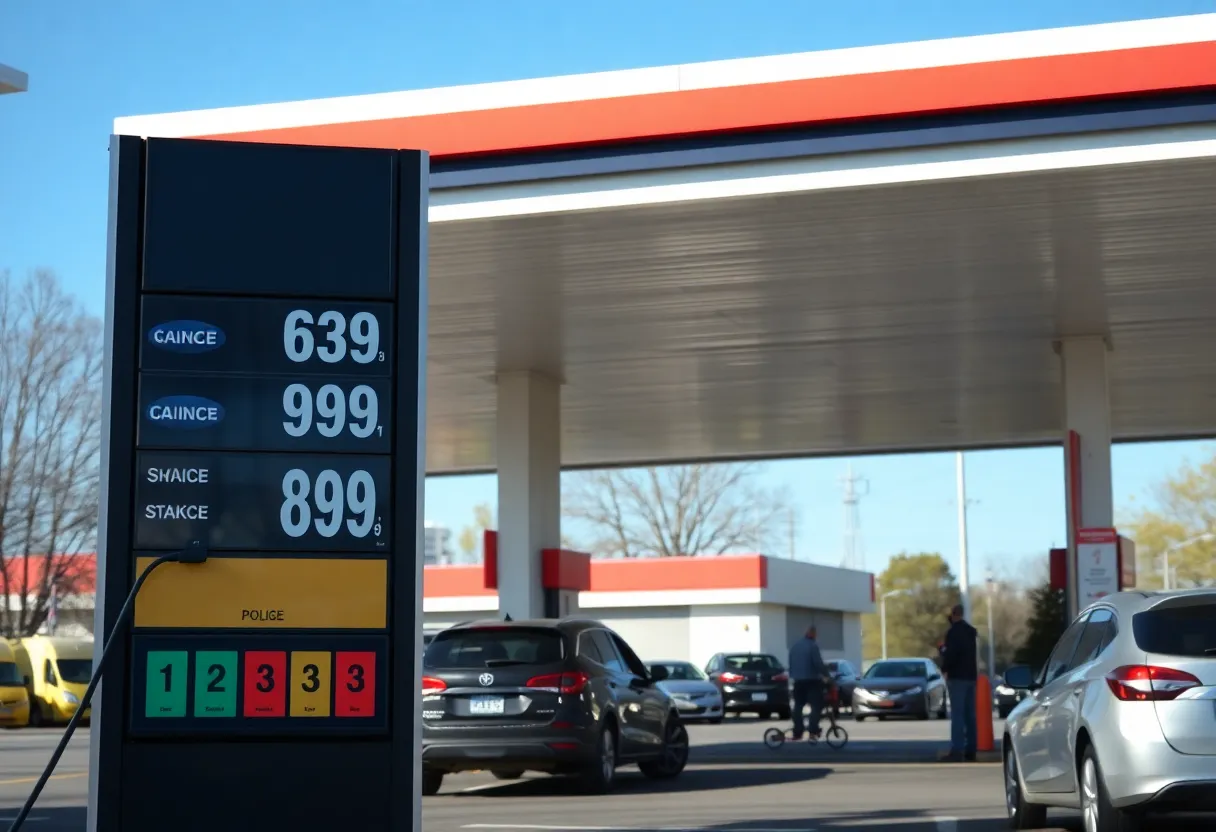 Gas station sign in Louisville showing gas prices dropping
