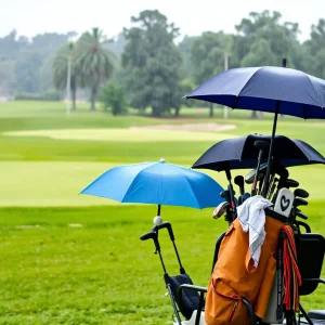 A rain-soaked golf course with standing water on fairways.