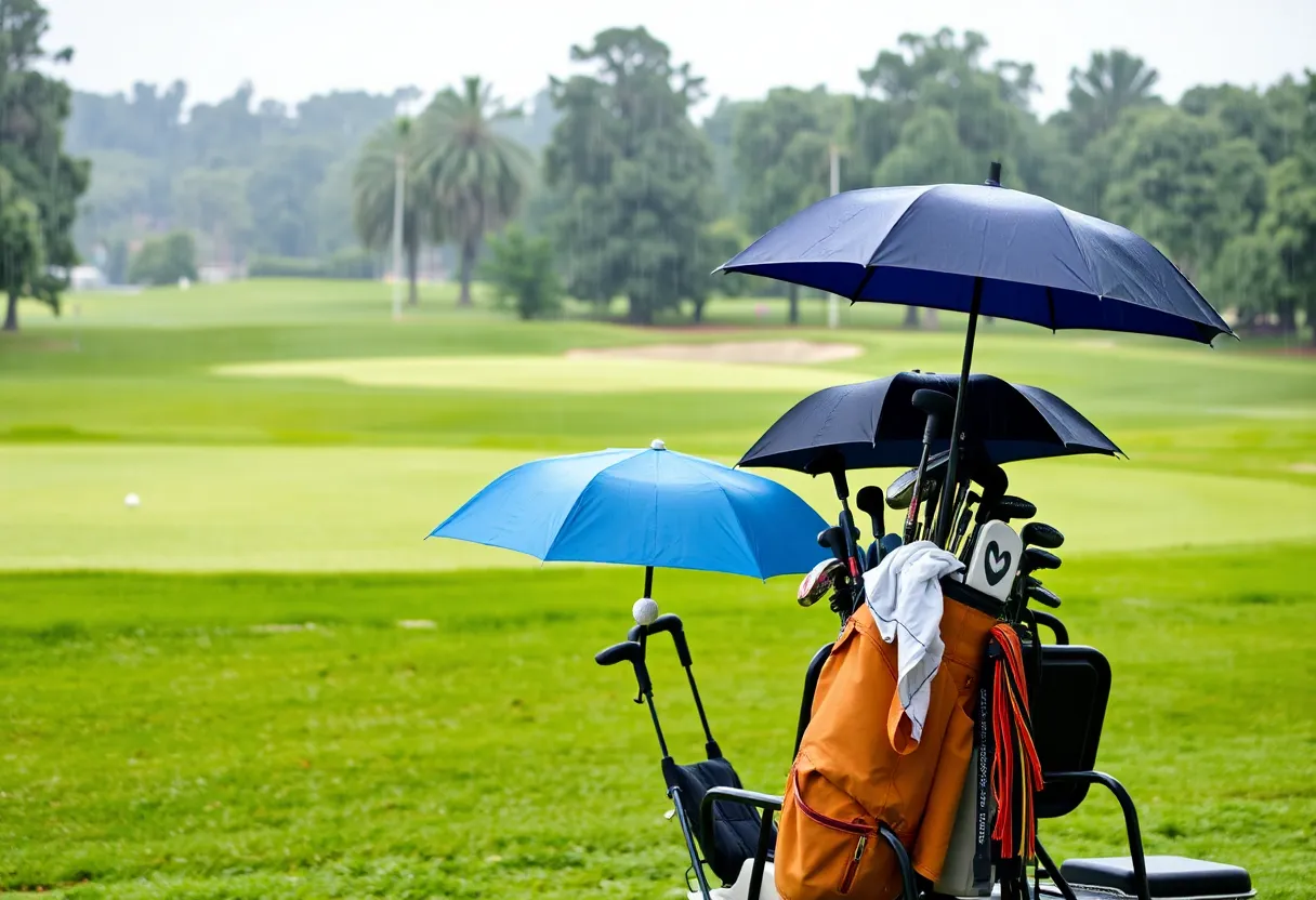 A rain-soaked golf course with standing water on fairways.