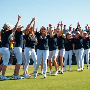 University of Louisville women's golf team celebrating their victory at the ACC Preview Tournament.