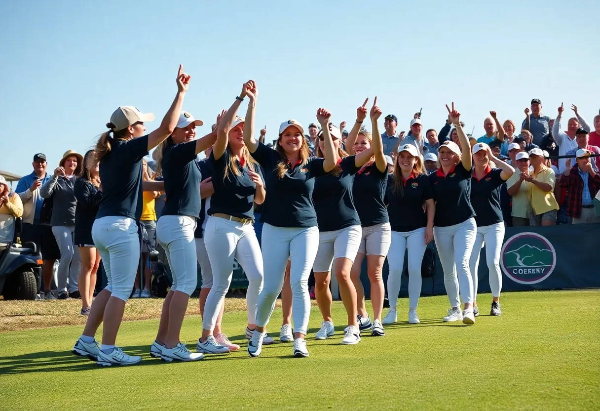 University of Louisville women's golf team celebrating their victory at the ACC Preview Tournament.