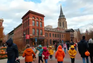 Families trick-or-treating in Louisville during Halloween with mild weather.