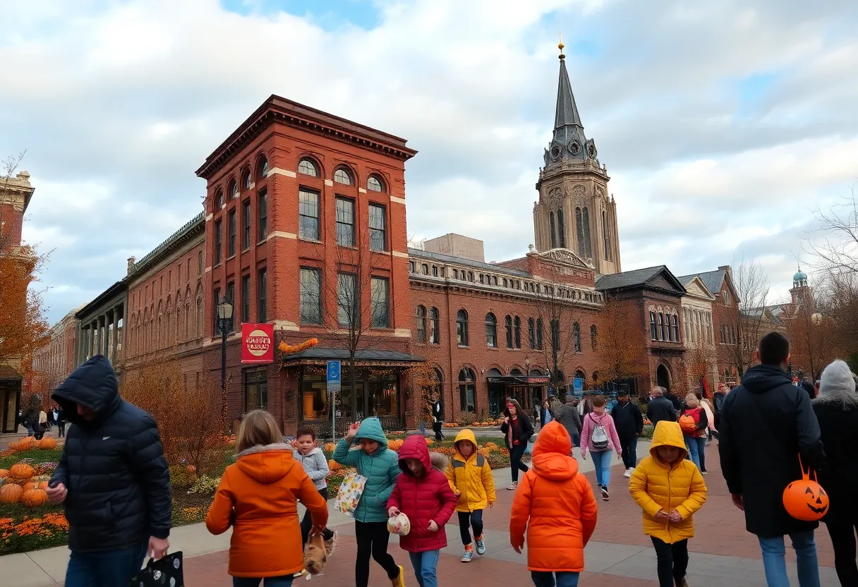 Families trick-or-treating in Louisville during Halloween with mild weather.