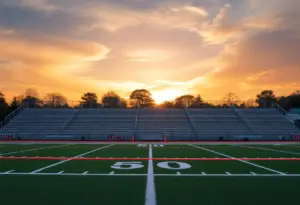 Empty bleachers at a high school football field in Louisville
