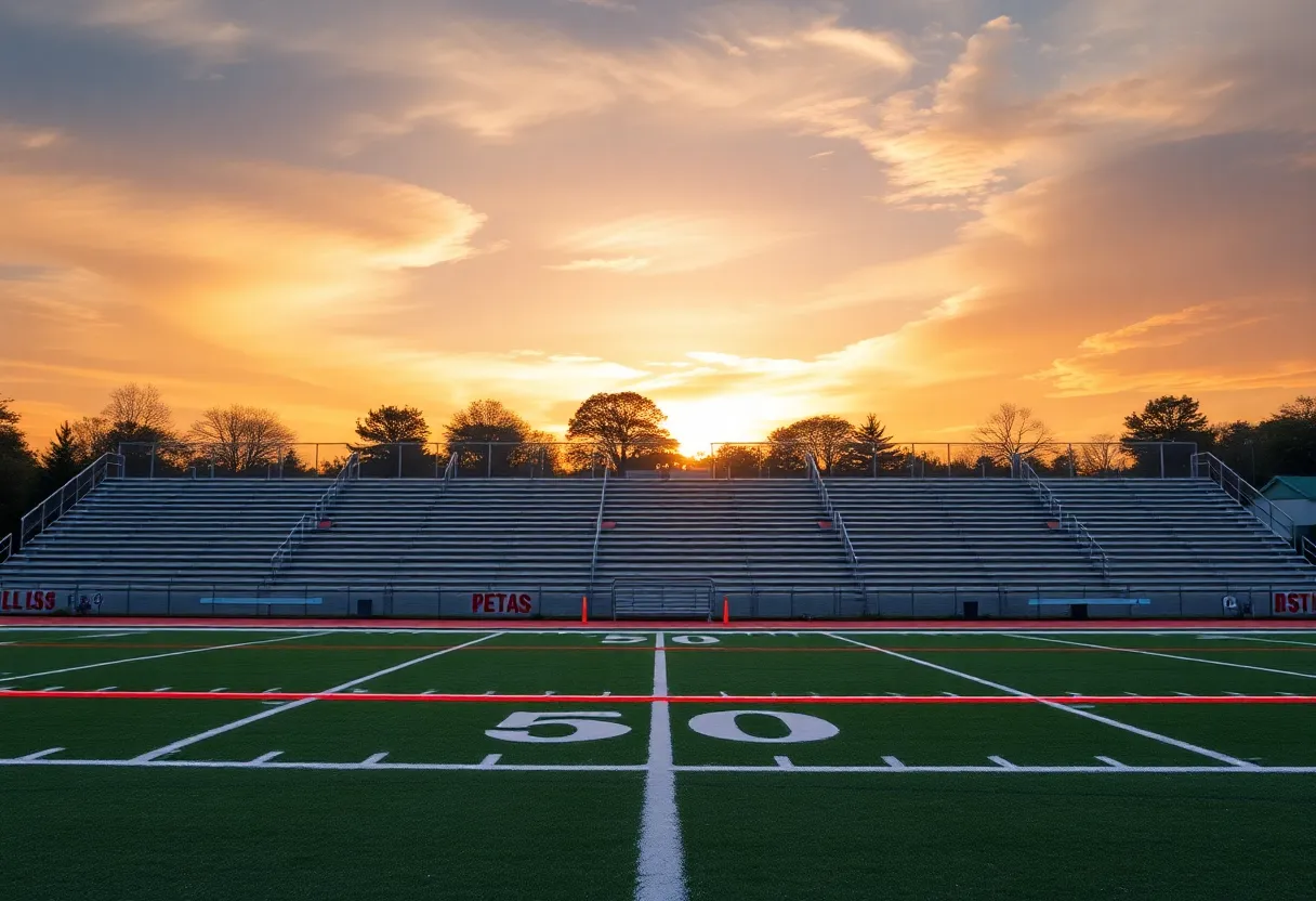 Empty bleachers at a high school football field in Louisville