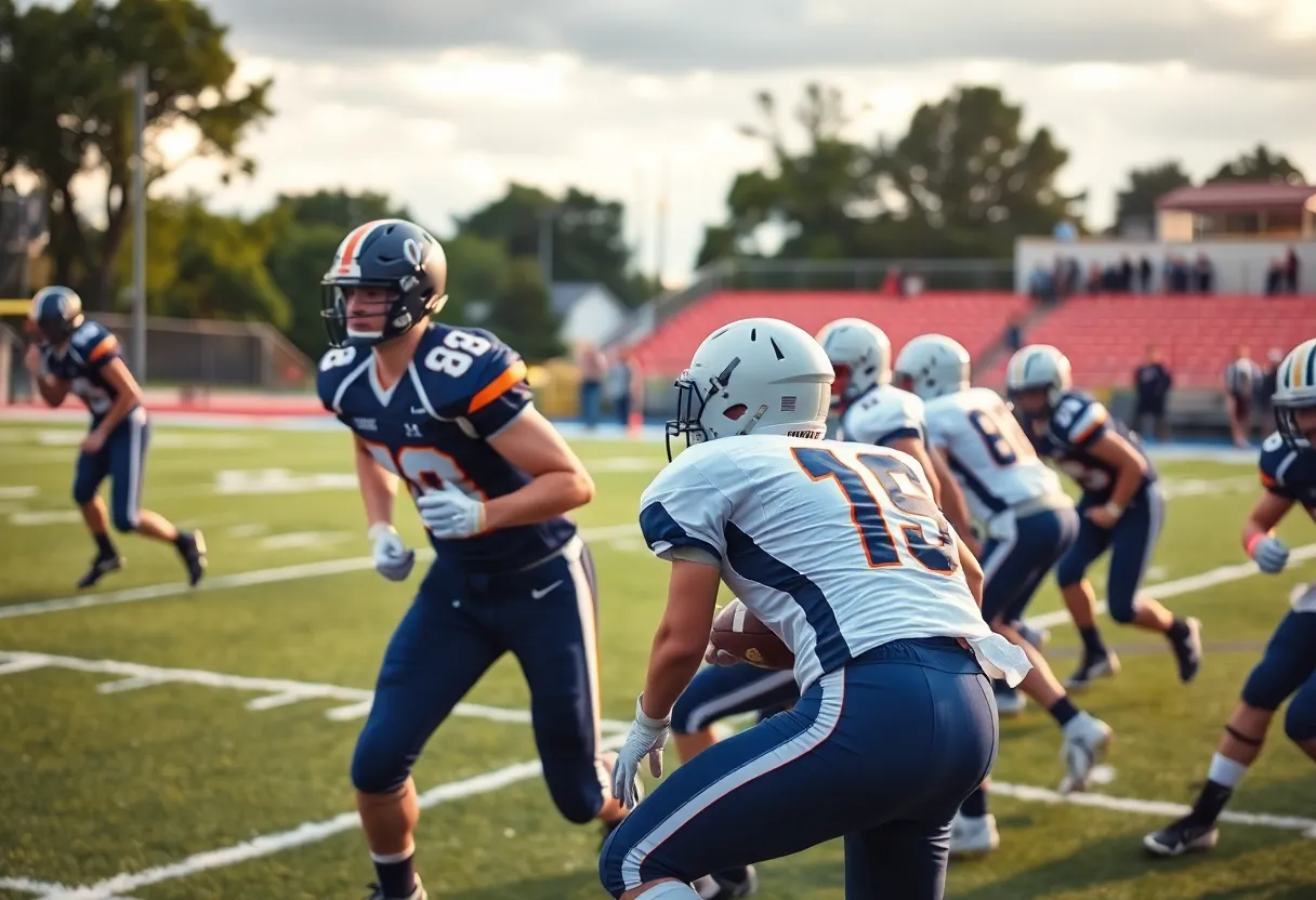 High school football players competing on a field