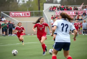 High school girls' soccer players in action during a game in Louisville.