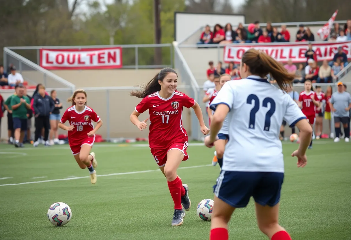 High school girls' soccer players in action during a game in Louisville.
