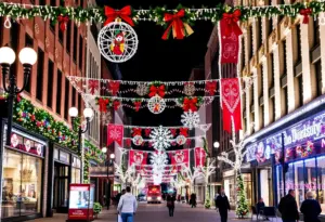 Festive holiday decorations in downtown Louisville