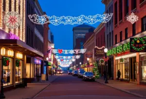 Festive holiday decorations in downtown Louisville