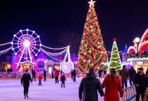 Winter wonderland at Kentucky Kingdom with lights and decorations