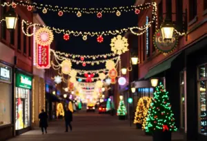 Main Street in Louisville illuminated with holiday LED lights