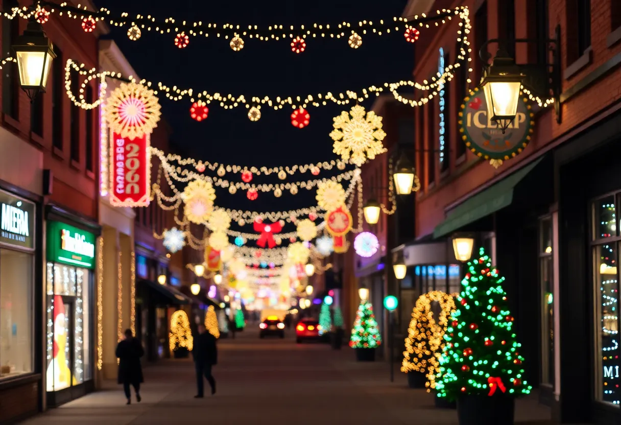 Main Street in Louisville illuminated with holiday LED lights