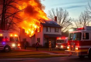 House fire in Louisville with flames and smoke in the early morning