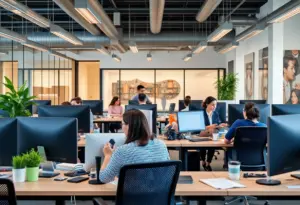 Employees collaborating in a hybrid office setting in Louisville.