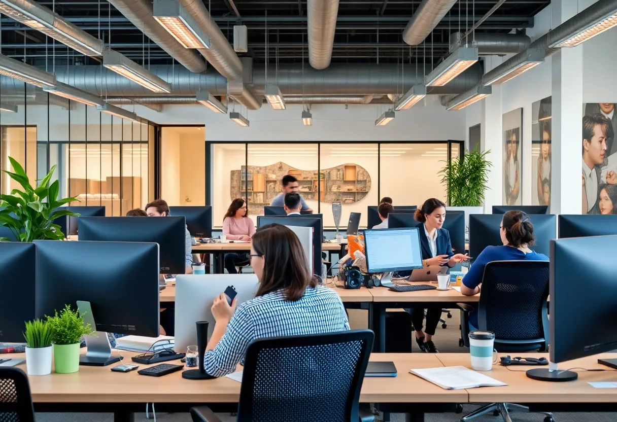 Employees collaborating in a hybrid office setting in Louisville.