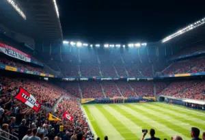 Fans cheering in a packed stadium for the Louisville Kings football team.
