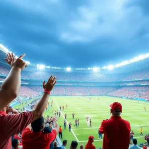 Fans cheering at a football game at Lynn Family Stadium