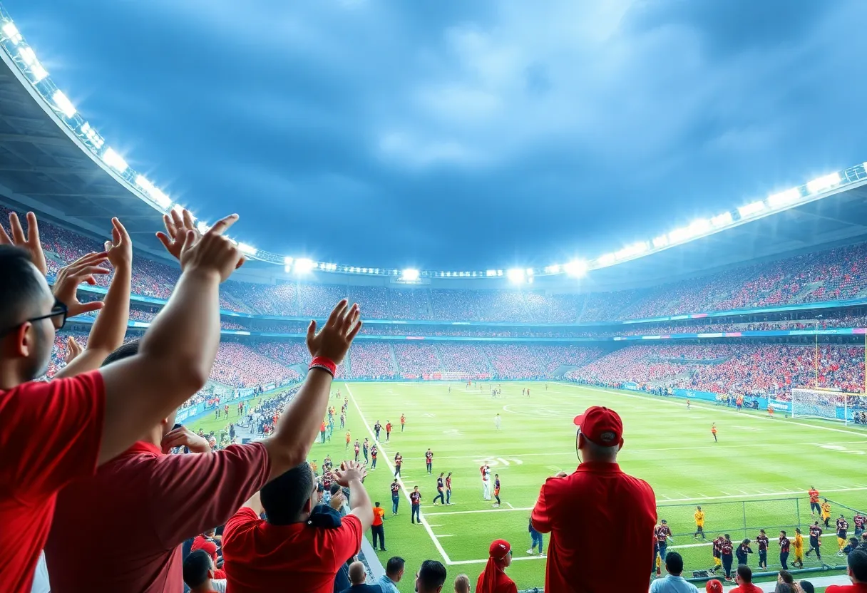Fans cheering at a football game at Lynn Family Stadium