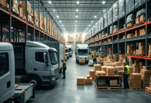 Logistics warehouse in Louisville with workers and trucks
