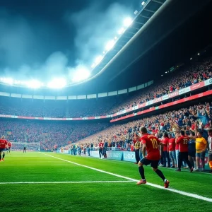 Louisville men's soccer team playing against Kentucky in a vibrant stadium atmosphere