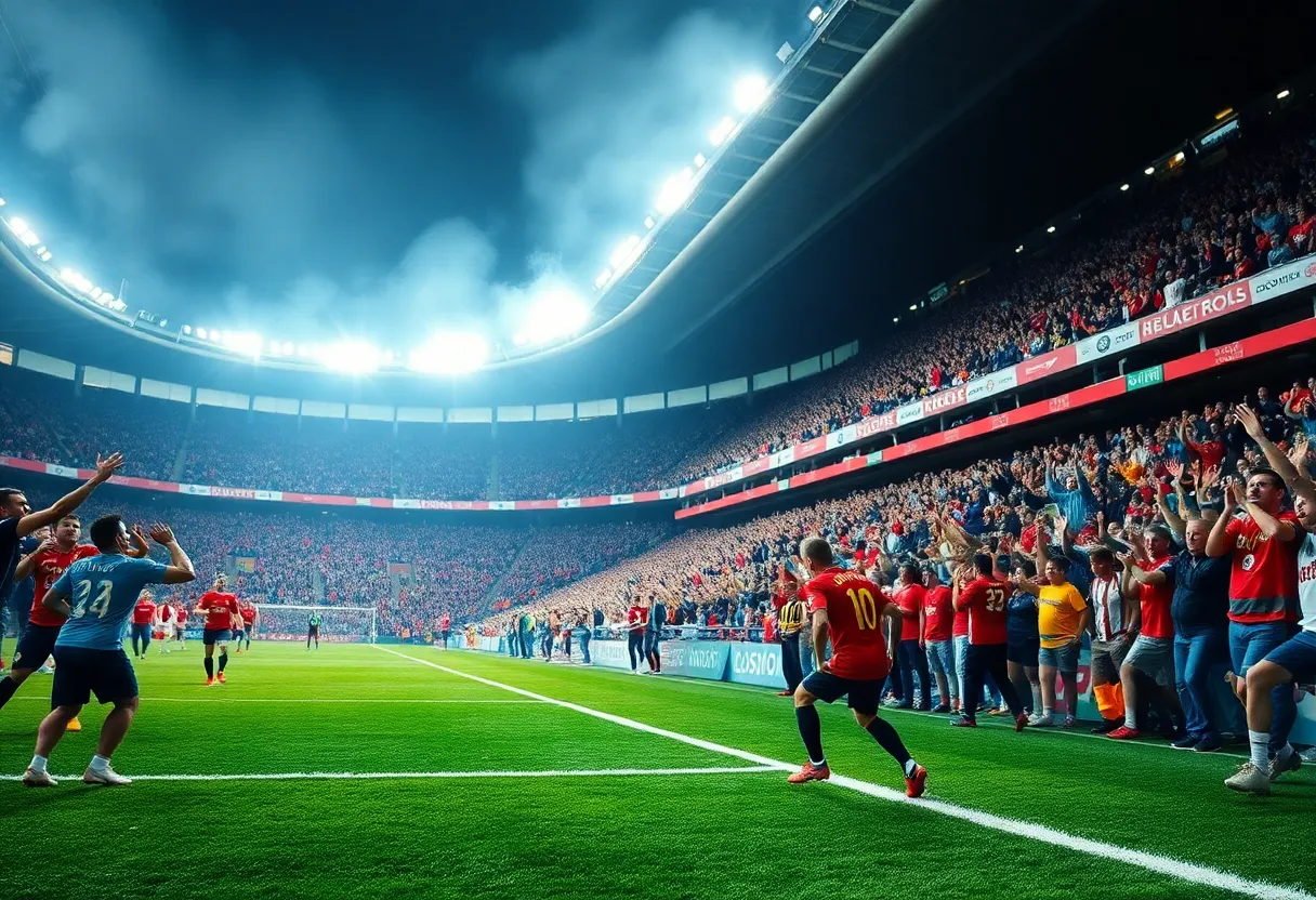 Louisville men's soccer team playing against Kentucky in a vibrant stadium atmosphere