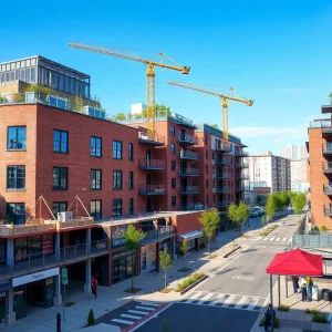 Construction of a mixed-use development featuring affordable housing and retail space in Louisville.