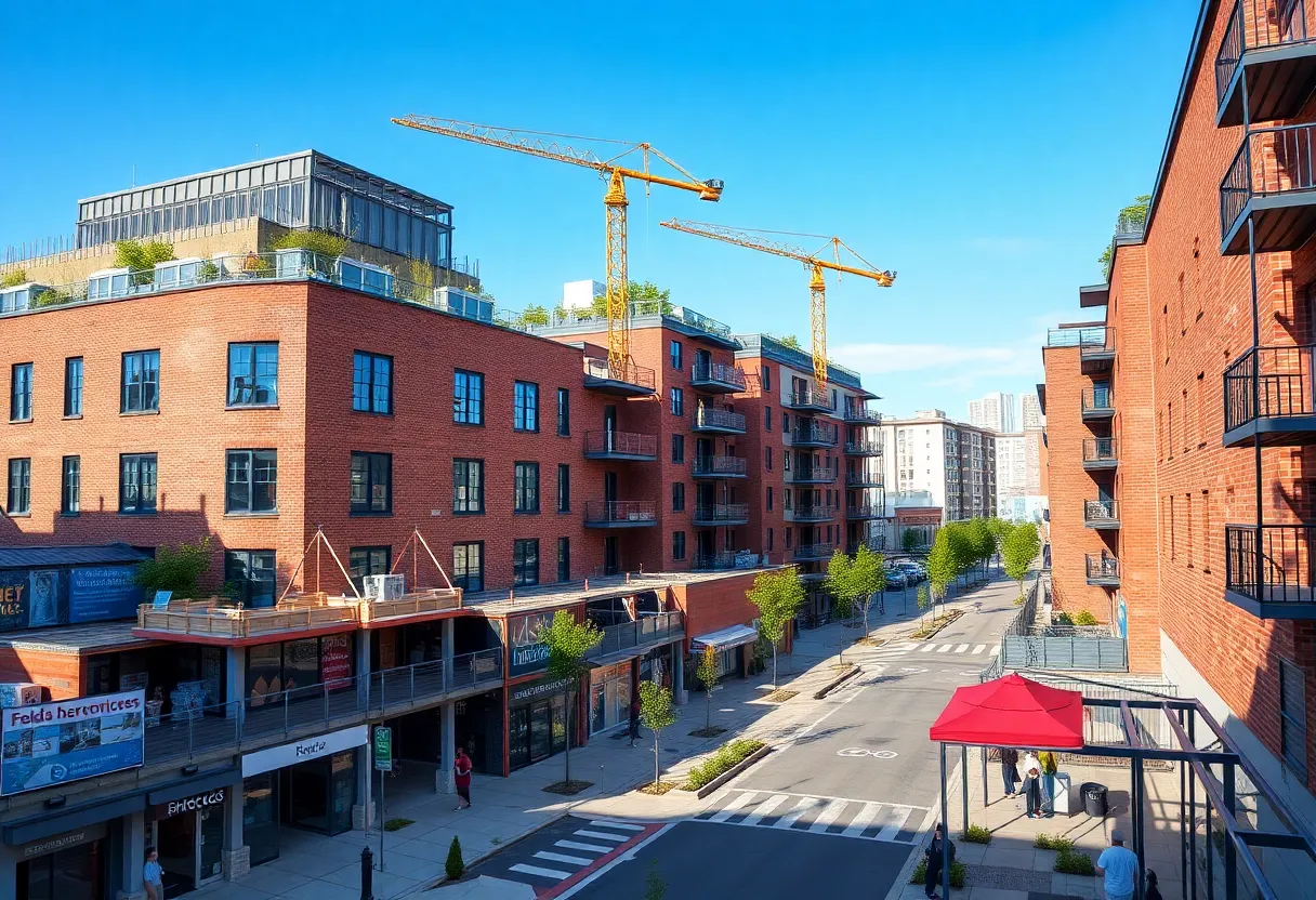 Construction of a mixed-use development featuring affordable housing and retail space in Louisville.