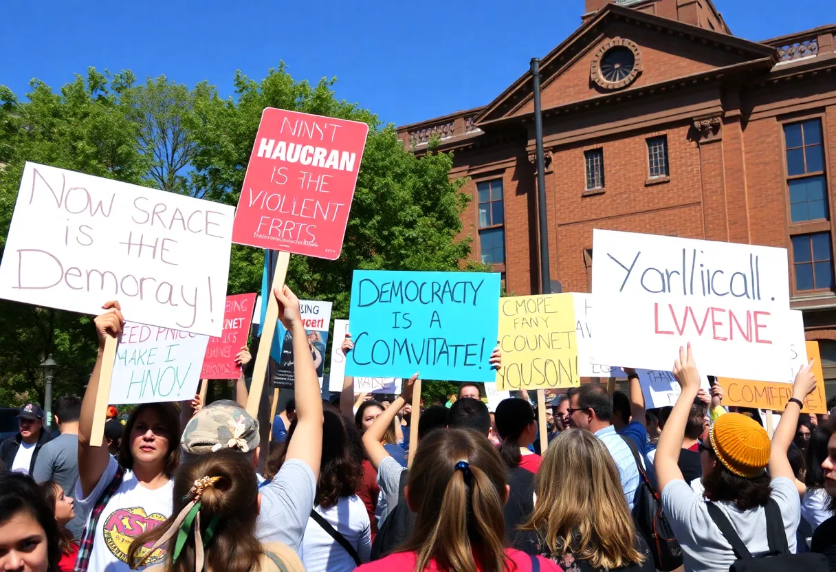 Participants at Louisville No Kings protest holding signs