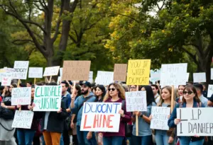 Protesters at the Louisville No More Kings Day rally, holding signs for democracy and unity.