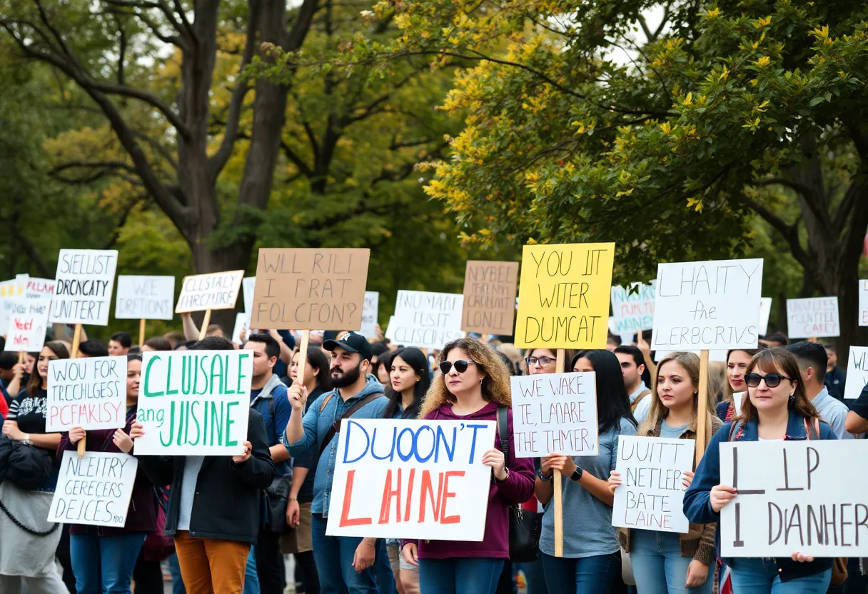 Protesters at the Louisville No More Kings Day rally, holding signs for democracy and unity.