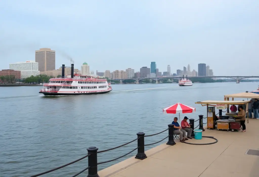 Ohio River in Louisville with returning steamboats and vendors