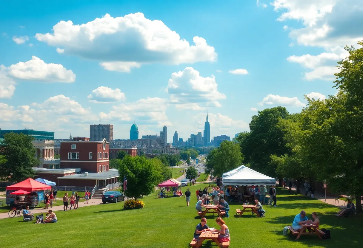 People enjoying outdoor activities in Louisville under partly cloudy skies.