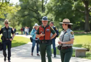 Park rangers in a Louisville park ensuring visitor compliance.