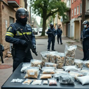 Police displaying seized fentanyl-laced heroin in an urban neighborhood during a drug bust operation.