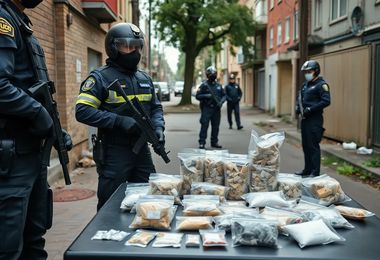 Police displaying seized fentanyl-laced heroin in an urban neighborhood during a drug bust operation.